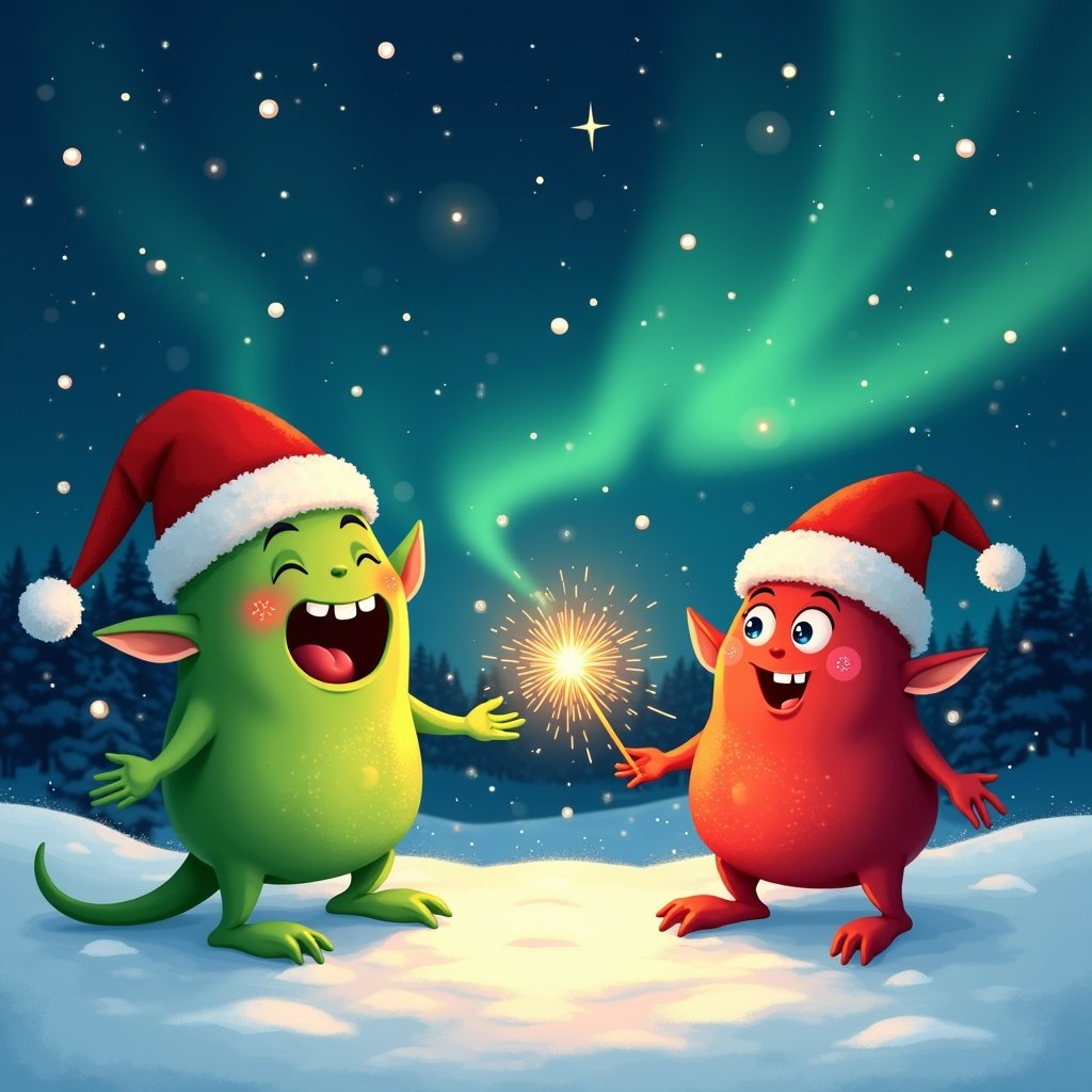 Green creature and festive red character. Characters are in a snowy landscape. Snowflakes are gently falling. Night sky with northern lights. Elf writes with a sparkler. Bright colorful holiday theme.