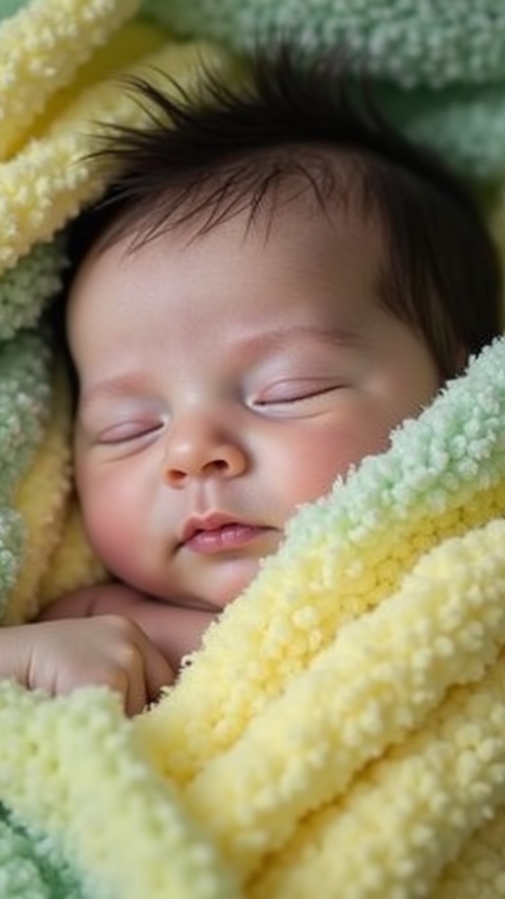 A close-up photograph of a sleeping baby wrapped in a soft, colorful blanket with pastel colors, evoking a sense of peace and warmth.