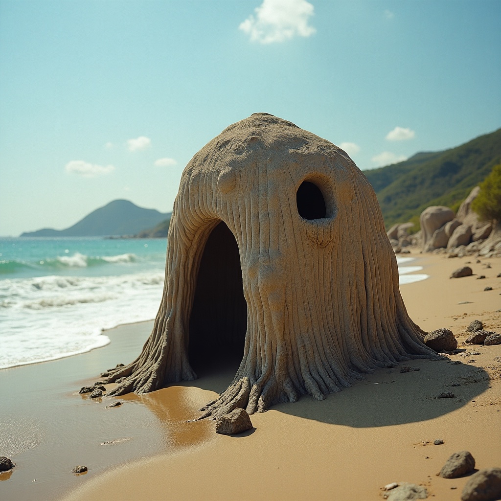 The image depicts a strange sand structure on a beach, resembling a hidden dwelling. This unique creation greets the viewer with its organic, whimsical form. The structure appears to be made of sand, blending with the beach environment. It is surrounded by gentle ocean waves and smooth rocks scattered along the shore. The backdrop features mountains under a clear blue sky, enhancing the surreal atmosphere of the scene.