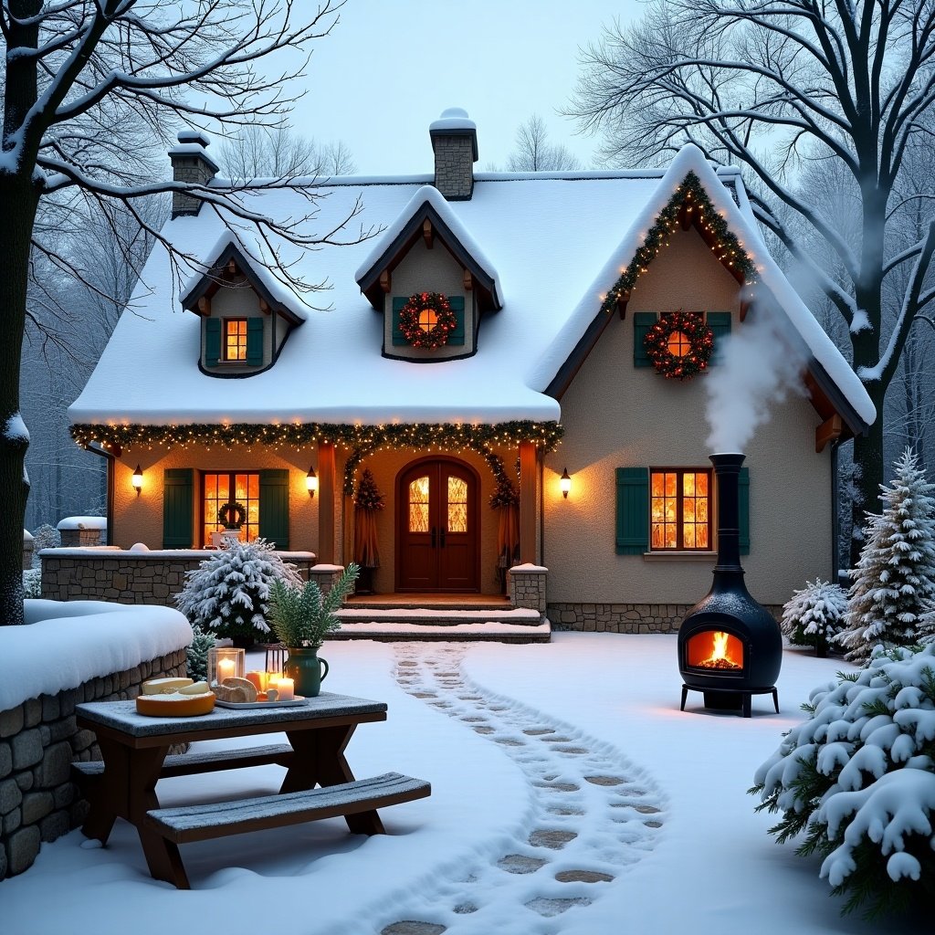 Cozy country French house. Snow-covered, decorated with Christmas lights and wreaths. Smoke coming from chimney. A pathway with snowy footprints leads to the house. Foreground includes a wooden picnic table with candles and evergreen branches. Trees surround the scene.