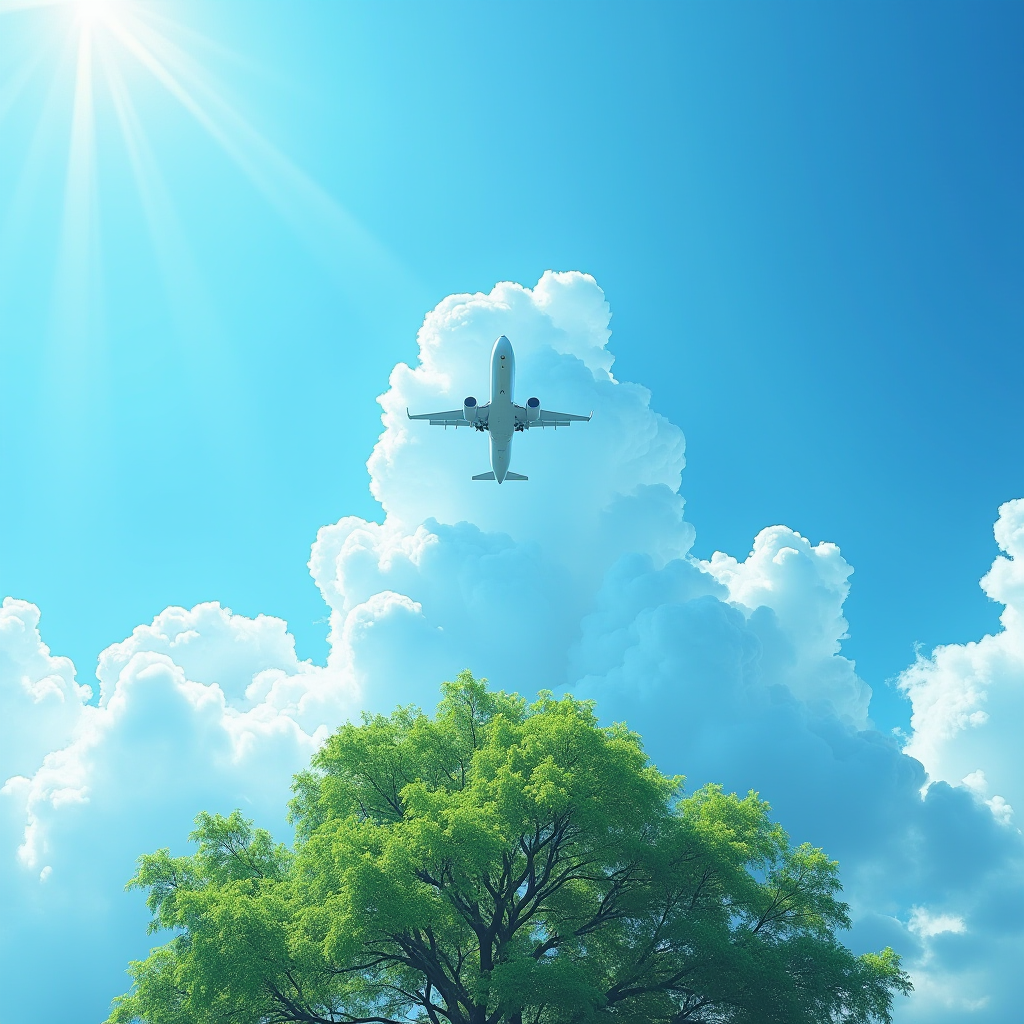 An airplane soars through a vivid blue sky above a lush green tree, with fluffy white clouds surrounding it and the sun shining brightly.