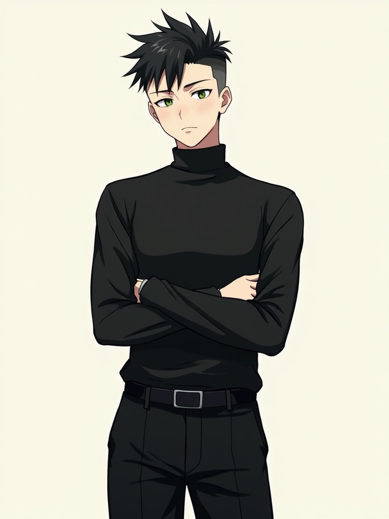 Anime boy with small green eyes and stylish fade haircut. Height of 190 cm. Age appears to be 15. Wearing a full-arm black shirt and black pants. Thoughtful expression. Light background for contrast.