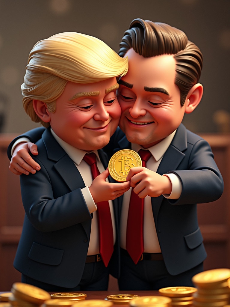 Animated figures resembling Donald Trump and Elon Musk are standing together. They are hugging and holding a Bitcoin together. The background features piles of gold coins. Both figures are in tailored suits with red ties.