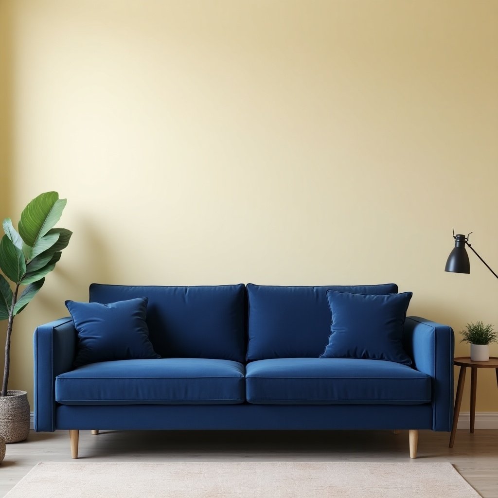 A navy blue sofa is placed in a living room. The wall is a creamy color. The setting includes a plant, a lamp, and a carpet. Minimal decor gives the room a modern feel.