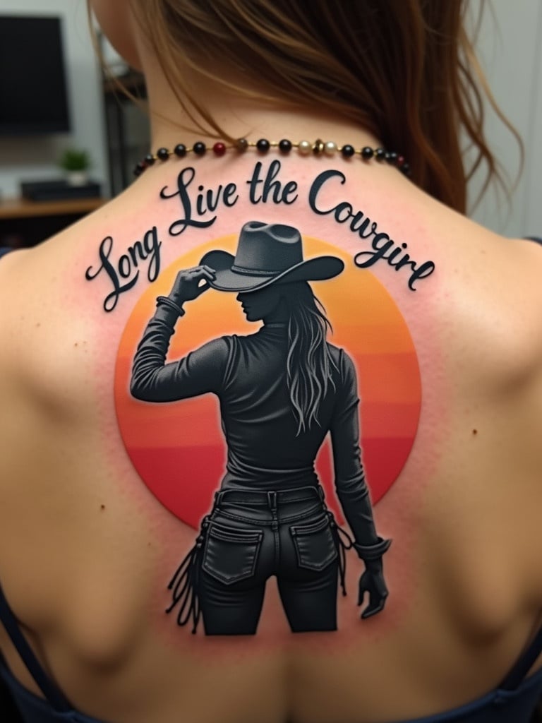 Tattoo on the back features a silhouette of a cowgirl tipping her hat. The words 'Long Live the Cowgirl' are above her. Design includes contrasting colors and a vibrant sunset background.