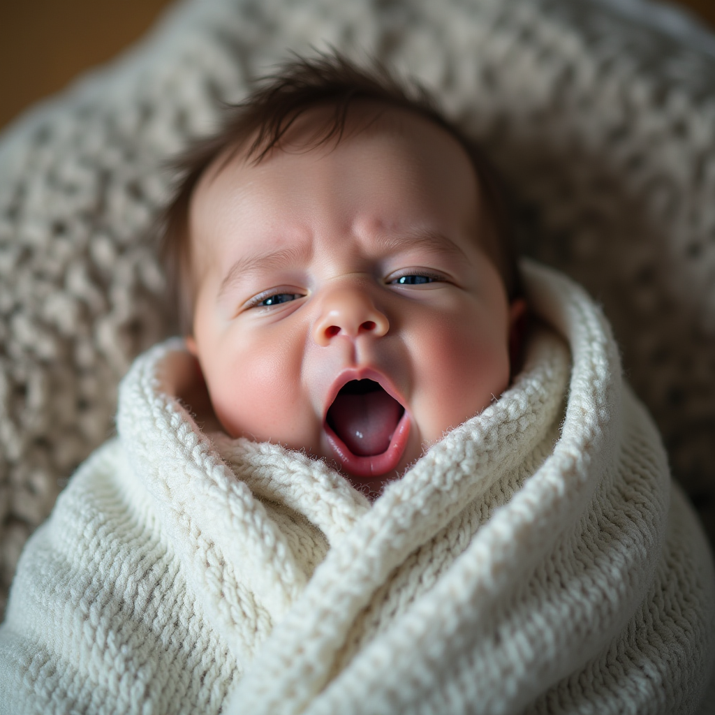 A baby wrapped in a cozy knitted blanket is captured mid-yawn, exuding warmth and serenity.