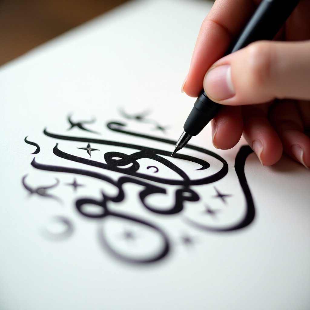 Close-up view of a hand using a pen to write Arabic calligraphy. Bold black ink on white paper. Steady hand focused on letters. Designs surround the main calligraphy. Soft lighting enhances the strokes.