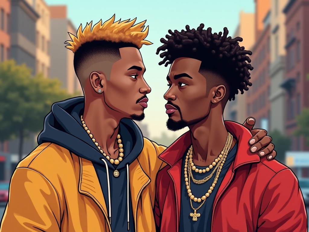 The image features two young men standing closely together in an urban setting. They have striking hairstyles, one with blonde spikes and the other with natural curls. Both are wearing stylish jackets and layered necklaces, showcasing contemporary street fashion. The background depicts a city street with soft lighting, emphasizing their expressions and connection. The overall vibe is casual and cool, reflecting modern friendship and culture.