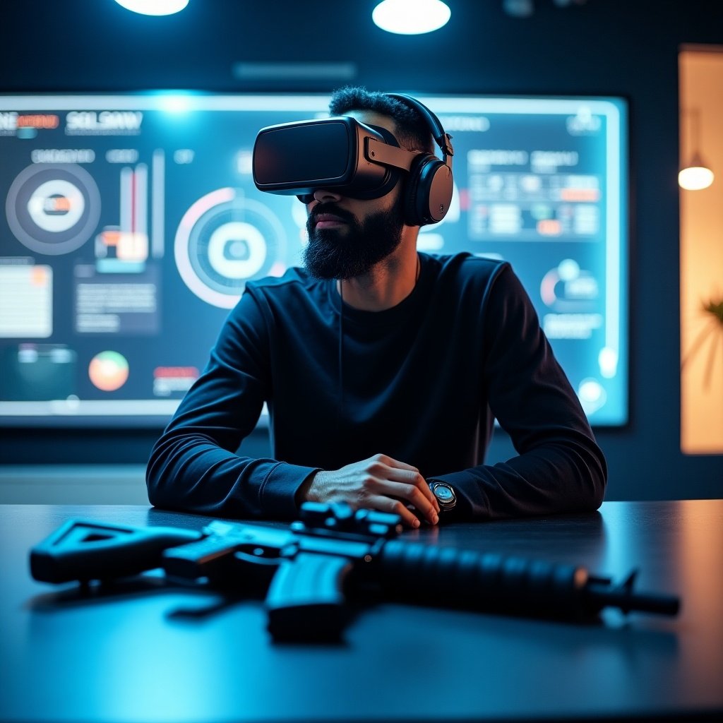 The image showcases a man wearing virtual reality goggles and headphones, immersed in a high-tech setting. He is seated at a table with a firearm in front of him, indicating an interest in gaming or simulations. The background features digital displays filled with graphics and data, emphasizing the tech environment. The overall ambiance is dimly lit with a blue hue, creating a futuristic feel. The man appears focused, reflecting the intensity of the virtual experience.