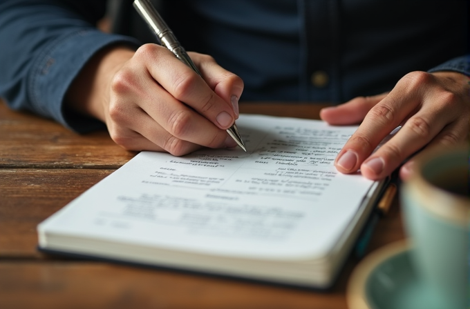 A person writing notes in a notebook at a wooden table with a cup of coffee nearby.