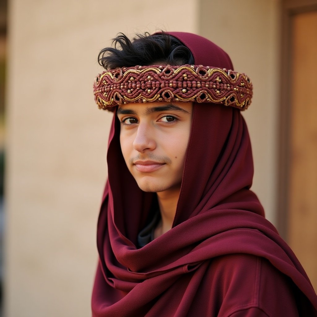 A Moroccan teenage boy wearing traditional attire with rich colors and unique patterns. The focus is on the clothing details and accessories.