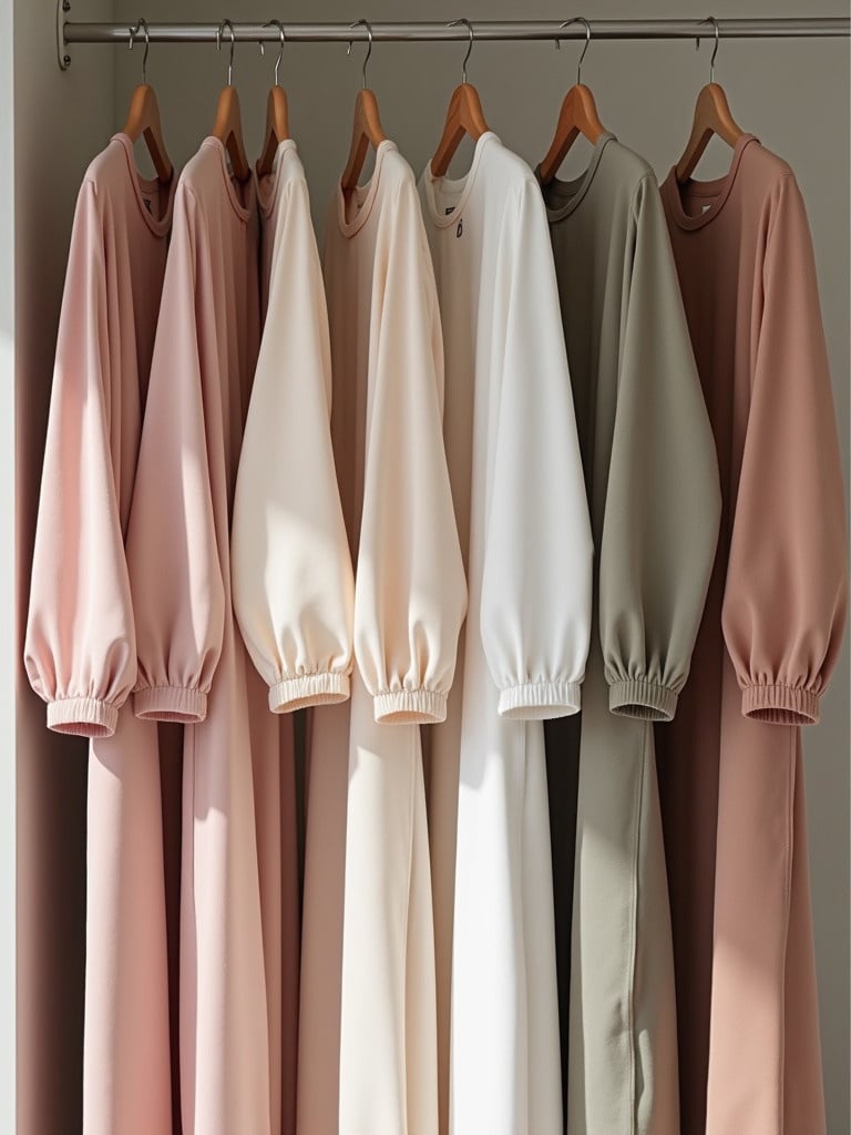 Image shows collection of eight simple abayas hanging in wardrobe. Soft pastels and muted earth tones are presented. Various shades help elegant appearance. Soft natural lighting emphasizes fabric textures. Display features versatile abayas suitable for modern wardrobe.