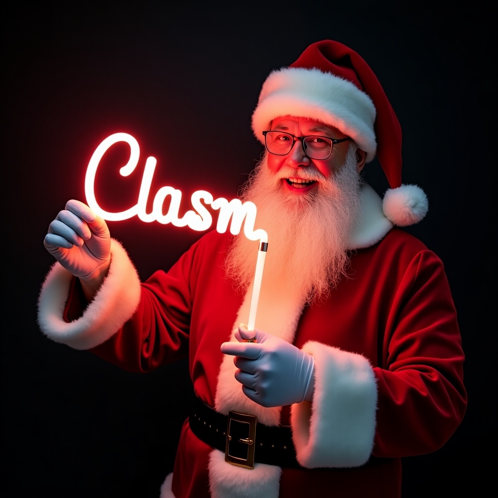 This image features Santa Claus wearing his traditional red and white suit. He is holding a glow stick that forms the name 'Clasm' in bright light. Santa's expression is jolly, exuding warmth and holiday cheer. The background is dark, enhancing the glow of the text written as Ruby. This festive scene captures the magic of Christmas and the joy of the season.