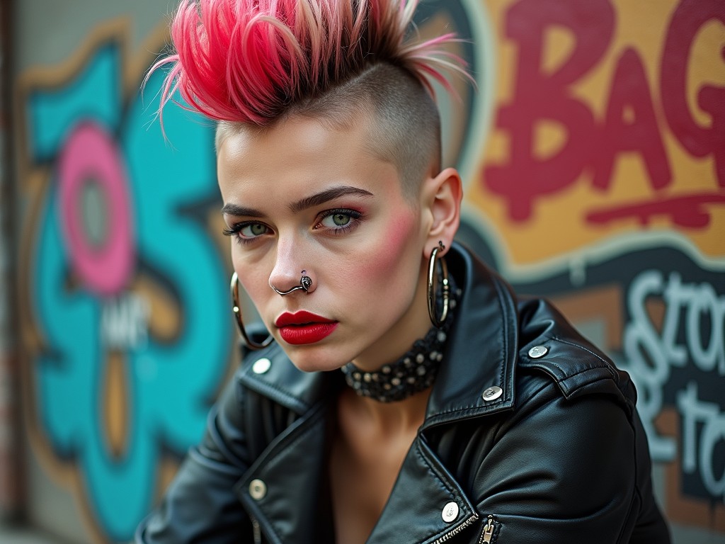 The image depicts a person with a vibrant pink mohawk, a leather jacket, and piercings, embodying a punk rock style. They are posed against a colorful graffiti wall, which adds to the edgy urban atmosphere. The composition captures a defiant and bold expression that mirrors the gritty yet artistic street environment.