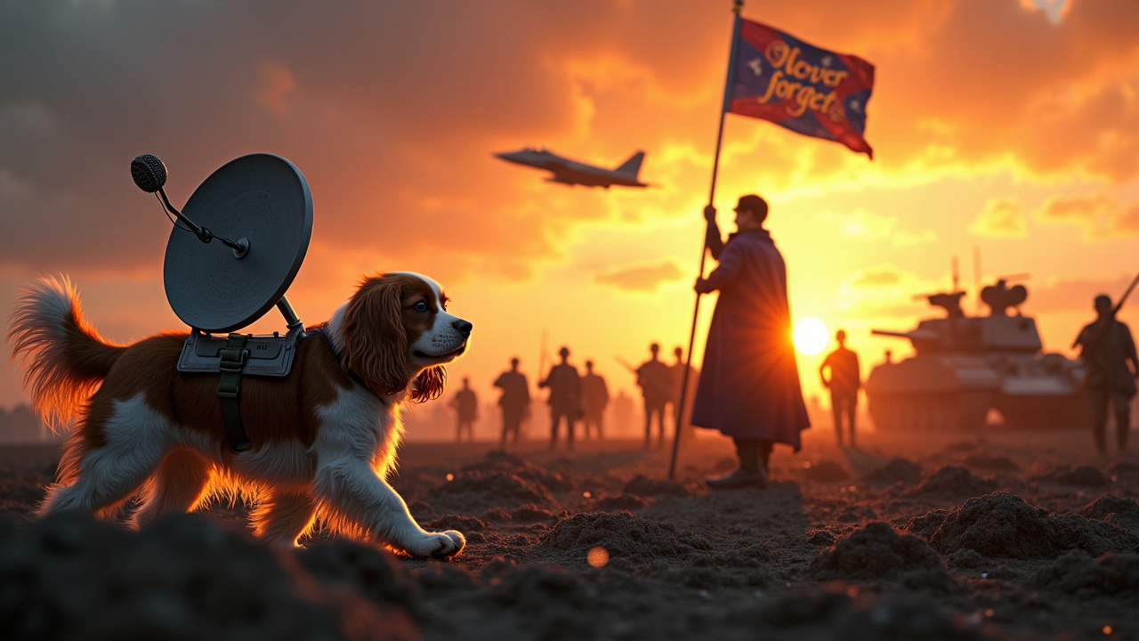 In a dramatic and awe-inspiring scene, a fluffy brown and white cavalier king charles spaniel walks across a dark, desolate battlefield. There is a radar dish strapped to its back, emphasizing its unique role. Nearby, a cloaked figure stands valiantly with a flag featuring a dog emblem, symbolizing loyalty and bravery. In the background, a multitude of small soldiers clutch rifles, and tanks lurk in the shadows. The sky is illuminated by the fiery radiance of the sun, creating a stark contrast to the dark terrain. A jet fighter zooms overhead, adding to the sense of urgency and drama in this powerful moment.