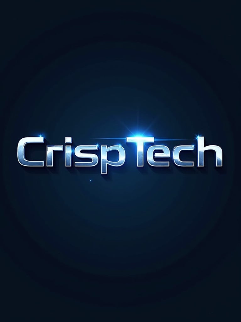 Sleek logo design for CrispTech. Metallic blue and silver text. Bright highlight enhances modern appearance. Suitable for a technology company.