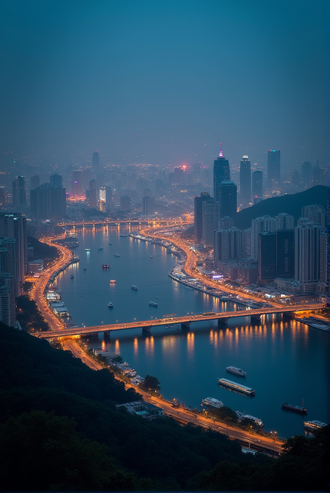 A vibrant city skyline at dusk with a river reflecting the glowing lights of buildings and streets.