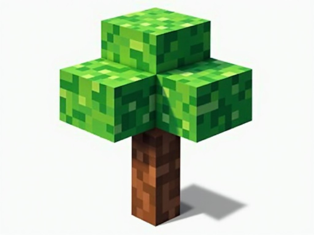 This is a pixelated, blocky representation of a tree commonly found in video games, particularly in sandbox-style games like Minecraft. The tree features a simple brown trunk that connects to a wide, green leaf canopy, giving it a classic tree shape. The leaves are lush and vibrant, made up of small green blocks that create a dense appearance. The trunk is also blocky, made with shades of brown to mimic the texture of wood. The overall design is geometric and fits well into a stylized, pixelated world, making it recognizable to fans of gaming.