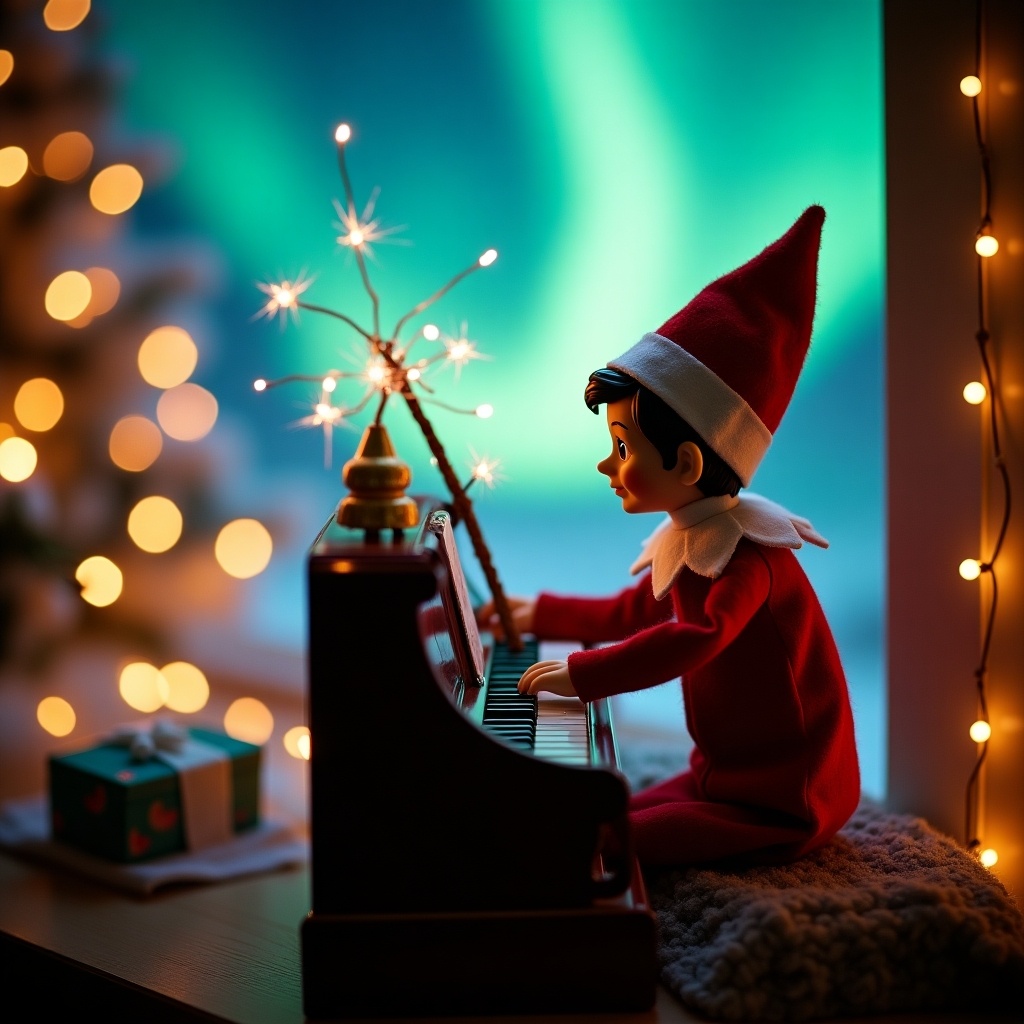 Enchanting Christmas scene featuring elf on the shelf playing piano. The elf is dressed in red and white. Magic wand is in hand. Vibrant northern lights create a magical ambiance. The scene portrays festive Christmas spirit with whimsical elements.