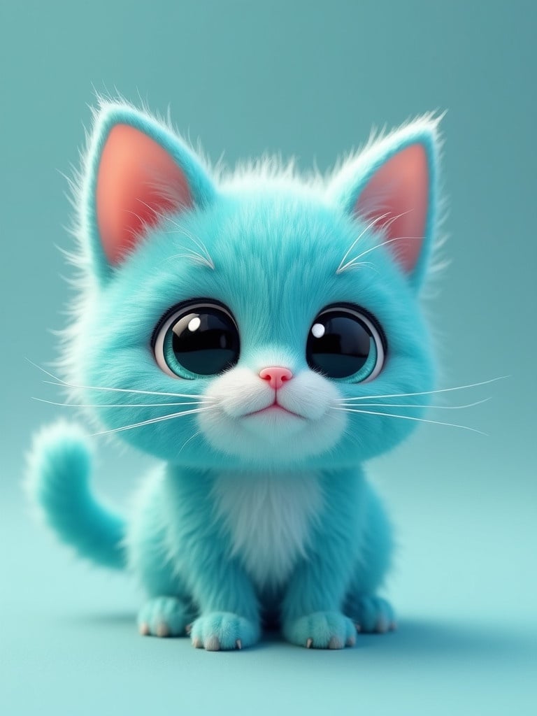 A cyan cube cat features cute black eyes. The cat has fluffy fur and a playful expression. The background is a soft muted color to enhance focus on the cat.