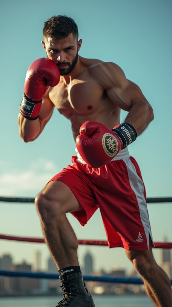 Capture a boxer in a defined stance wearing red shorts and gloves. Highlight the muscular structure and athleticism of the body in a daytime setting with a blue sky. Use dramatic and vibrant colors for contrast while maintaining sharpness and clarity in detail. The composition should showcase movement and agility, utilizing leading lines and a shallow depth of field to focus on the athlete.