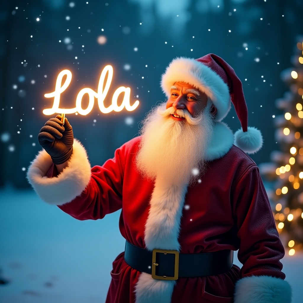 In a snowy winter landscape, Santa Claus stands joyfully with a warm smile. He is dressed in his classic red suit with white fur trim. With a glowing stick in his gloved hand, he writes the name 'Lola' in the air. The scene is illuminated by soft, warm lights from a Christmas tree in the background. Snowflakes gently fall, enhancing the winter magic. This enchanting moment captures the essence of holiday cheer and personalization, perfect for gifts or decorations.