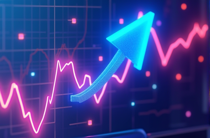 A glowing blue arrow points upwards over a vibrant pink financial graph showing growth.