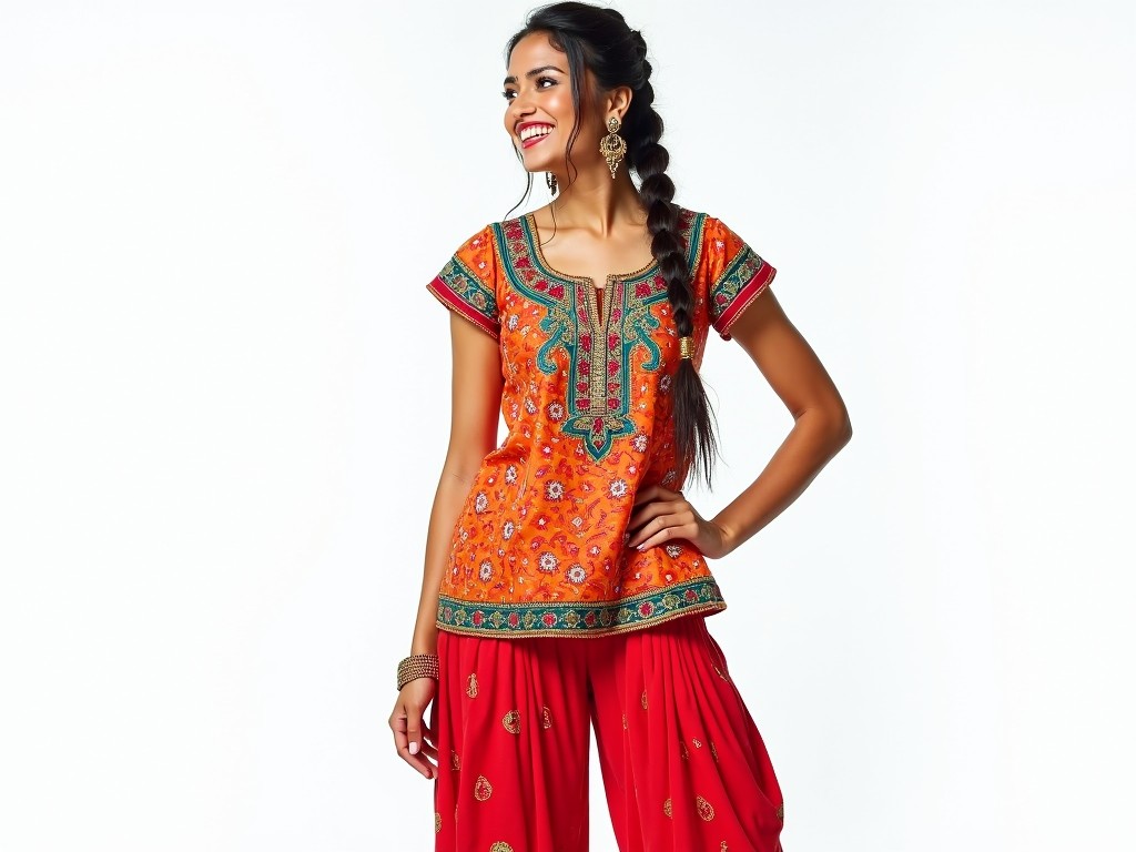 The image showcases a woman in a colorful traditional outfit, featuring an intricately embroidered orange top paired with red bottoms. Her attire is adorned with detailed floral patterns and geometric designs in green and gold, highlighting cultural craftsmanship. She wears statement jewelry, including earrings and bracelets, complementing her braided hairstyle, evoking a sense of festive joy.