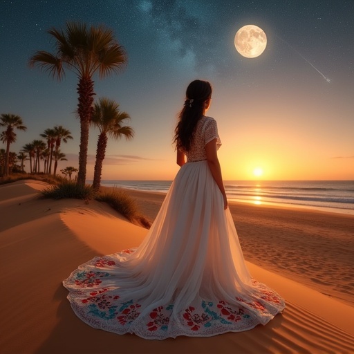 A graceful woman stands on a sand dune. She wears a white gown with colorful embroidery. The sunset casts warm hues in the sky. The ocean is visible in the background. Palm trees enhance the scenery. The ambiance is serene and peaceful. The sky is starry with a visible moon and a shooting star.