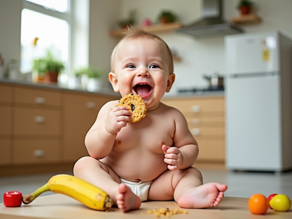 A baby joyfully bites into a cookie while clutching a banana. The baby is sitting on a kitchen floor, surrounded by colorful fruits. The setting is bright and cheerful, filled with natural light. The baby's expression shows pure delight while eating the cookie, creating a heartwarming scene. There are kitchen elements like a refrigerator in the background, adding to the homey feel.