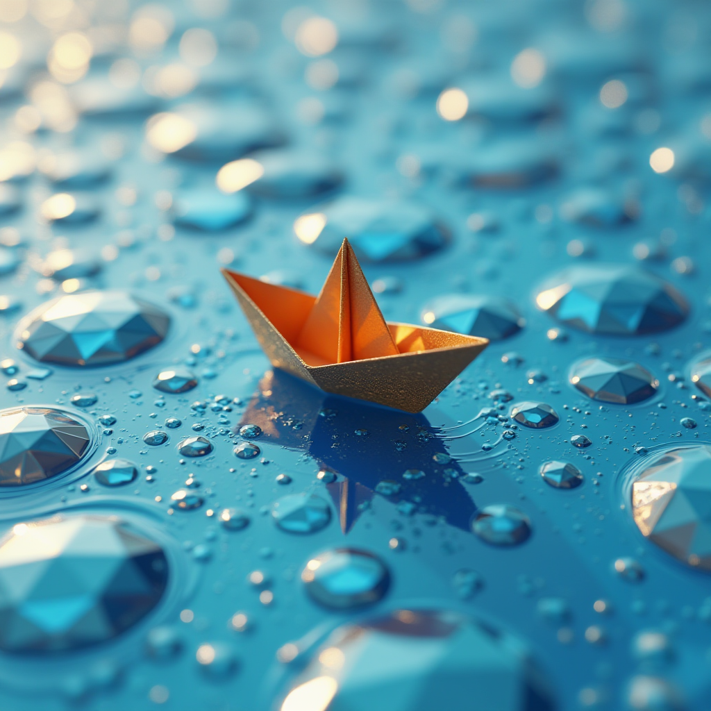 A vibrant orange origami boat floats on a glossy blue surface with large diamond-like water droplets.