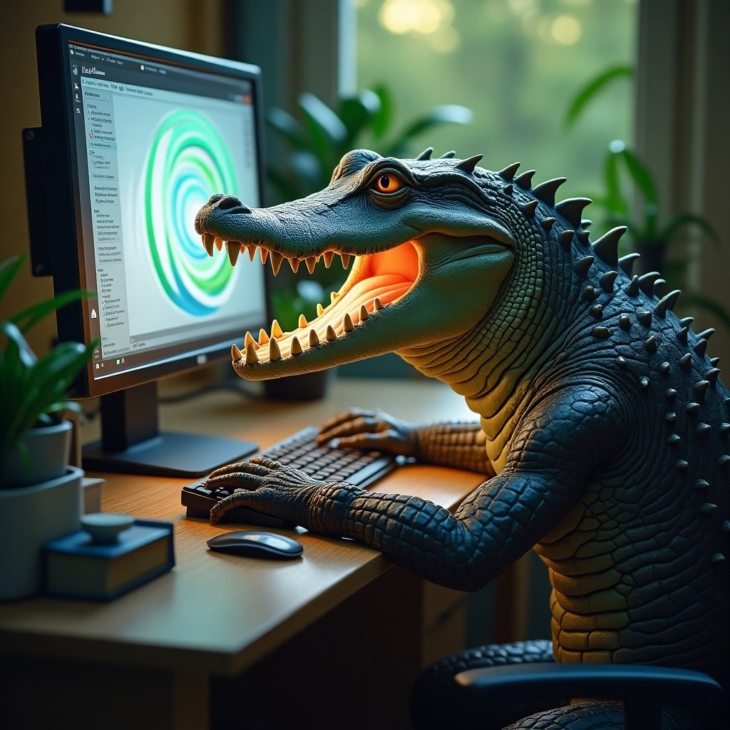 An alligator engaged in playing a computer game at a desk. The alligator's mouth is open in excitement, with a computer displaying a vibrant graphical interface. The setting includes houseplants and books.