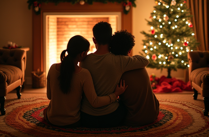 A group of three people, sitting close together, gaze at a warmly lit fireplace with a decorated Christmas tree beside them.