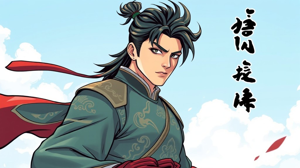 A confident anime character with long hair and traditional attire stands against a cloudy sky, exuding determination.