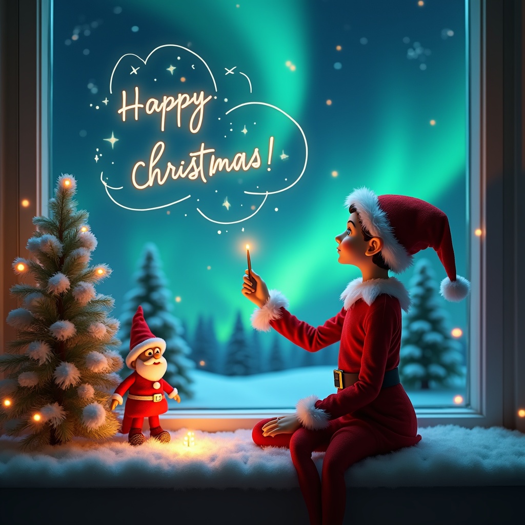 Female elf on the shelf writes in the sky. Background has northern lights. Christmas scene includes Santa and a festive message. Magical ambiance is created.