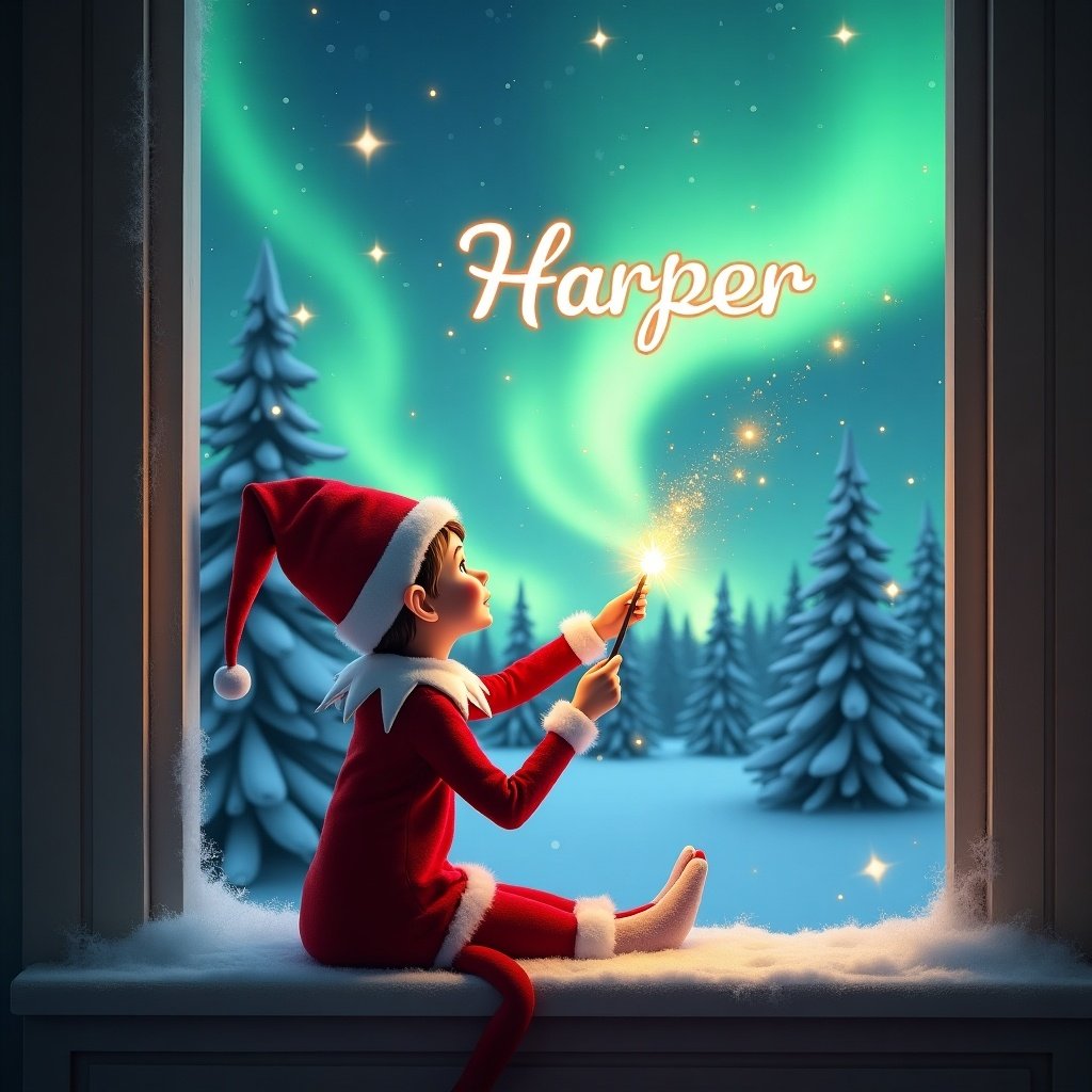 The image features an adorable girl elf on the shelf sitting on a window ledge, with her back turned to the viewer. She is using a magical wand to create twinkling sparks while looking up at a stunning display of northern lights. The background is set in a winter wonderland, filled with snow-covered pine trees, conjuring a festive holiday feel. Dressed in a vibrant red outfit with white trim, the elf embodies the Christmas spirit. The scene is illuminated by the enchanting colors of the aurora borealis, enhancing the magical ambiance.