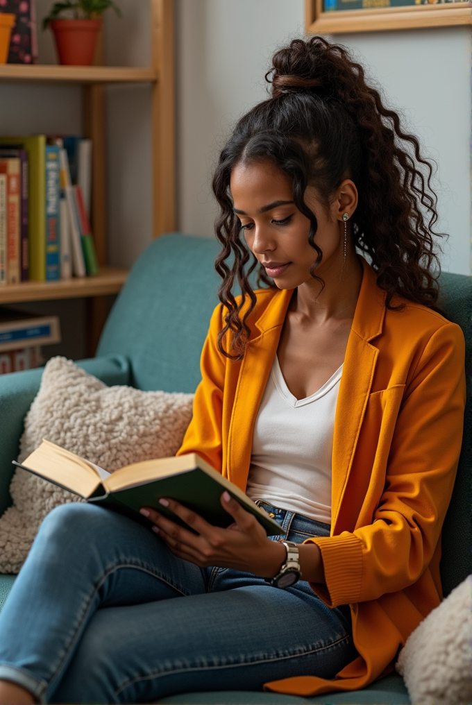 A person wearing an orange jacket sits on a couch reading a book.