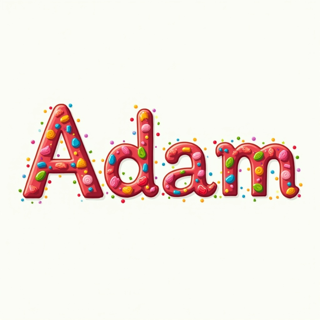 Design features the name Adam illustrated with colored candy. The letters are vibrant and playful. Candy appears detailed with various colors and shapes. Bright and cheerful atmosphere represents a fun theme.