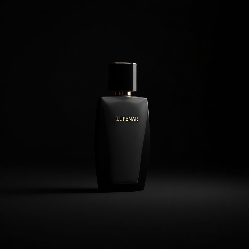 A sleek perfume bottle named ‘Lupenar’. Bottle has a minimalist design. Features black lid and gold lettering. Soft lighting enhances contours. Shadows emphasize shape and luxury appeal. Composition suitable for advertising.