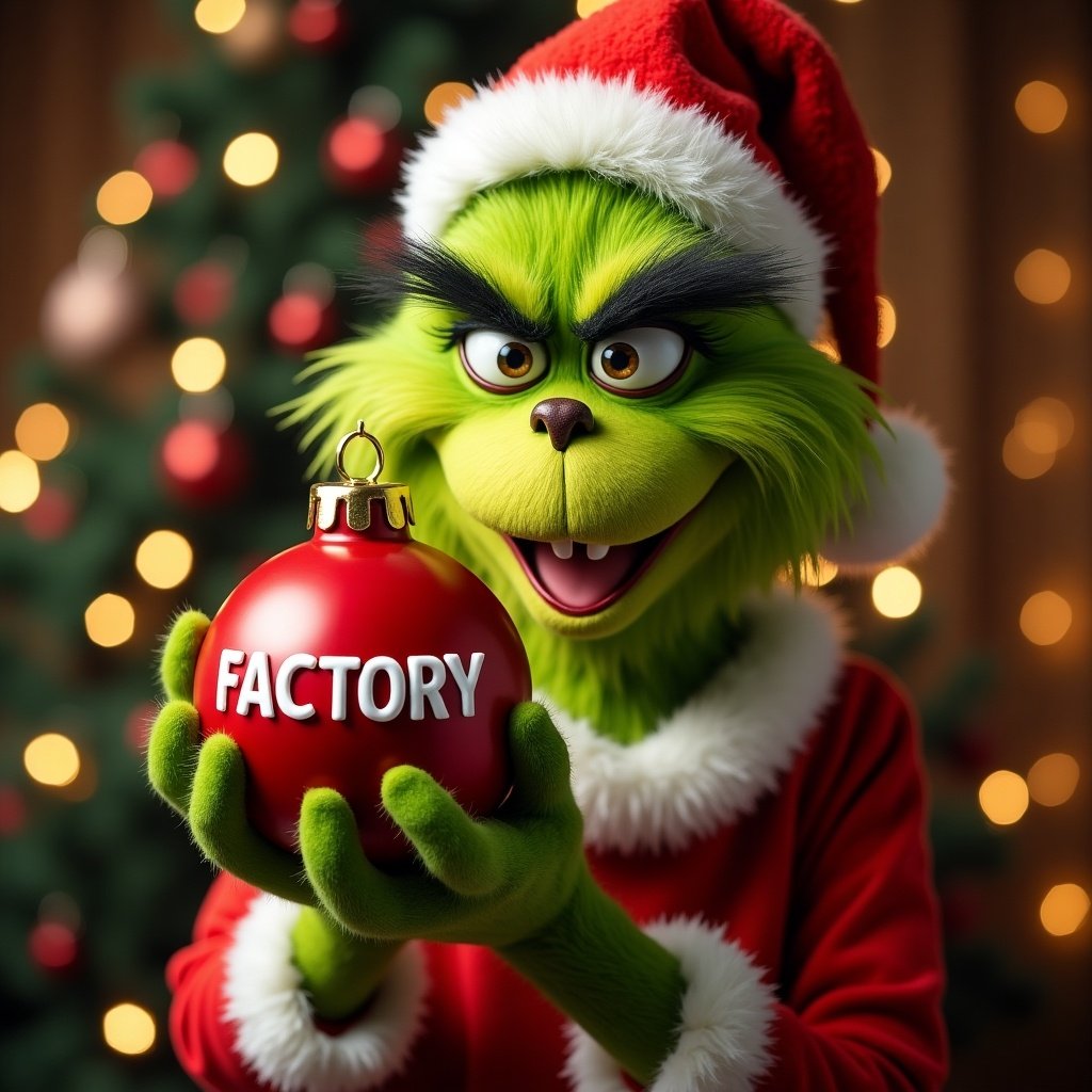 Grinch character holds a Christmas ornament labeled FACTORY. Background features Christmas lights.