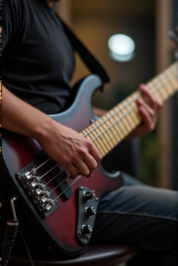 A person is playing a red bass guitar with focus on their hand and instrument.