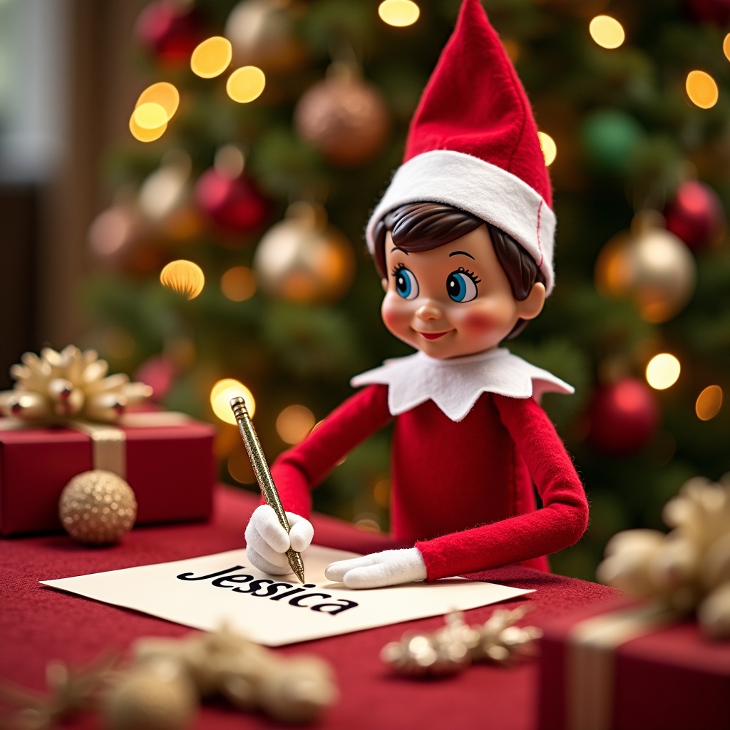 The Elf on the Shelf character is dressed in red and white. The elf is writing the name 'Jessica' on a piece of paper. A Christmas tree is in the background with colorful lights and ornaments. The table has presents and holiday decorations. The overall scene conveys holiday magic.