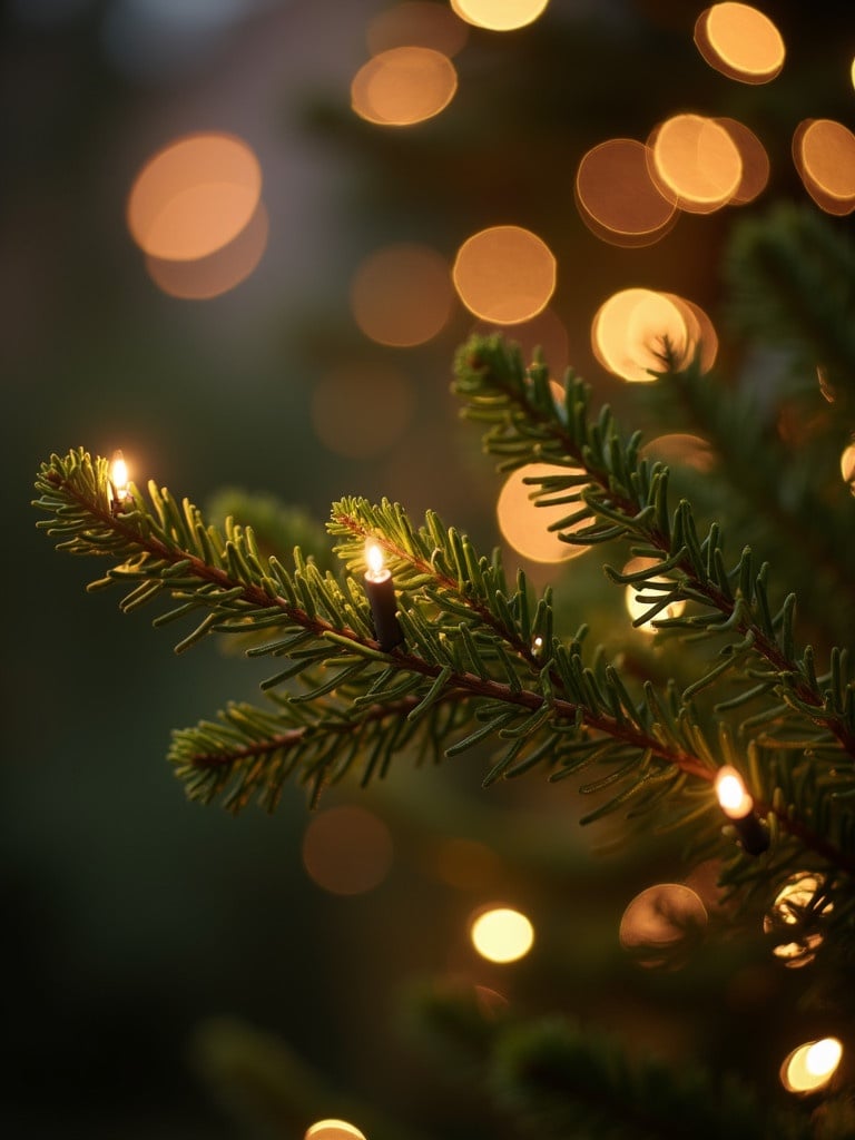 Close-up of a delicate pine branch with tiny shimmering lights. Bokeh in the background provides a warm glow. Text reads happy Christmas കാർഷിക കൂട്ടായ്മ.