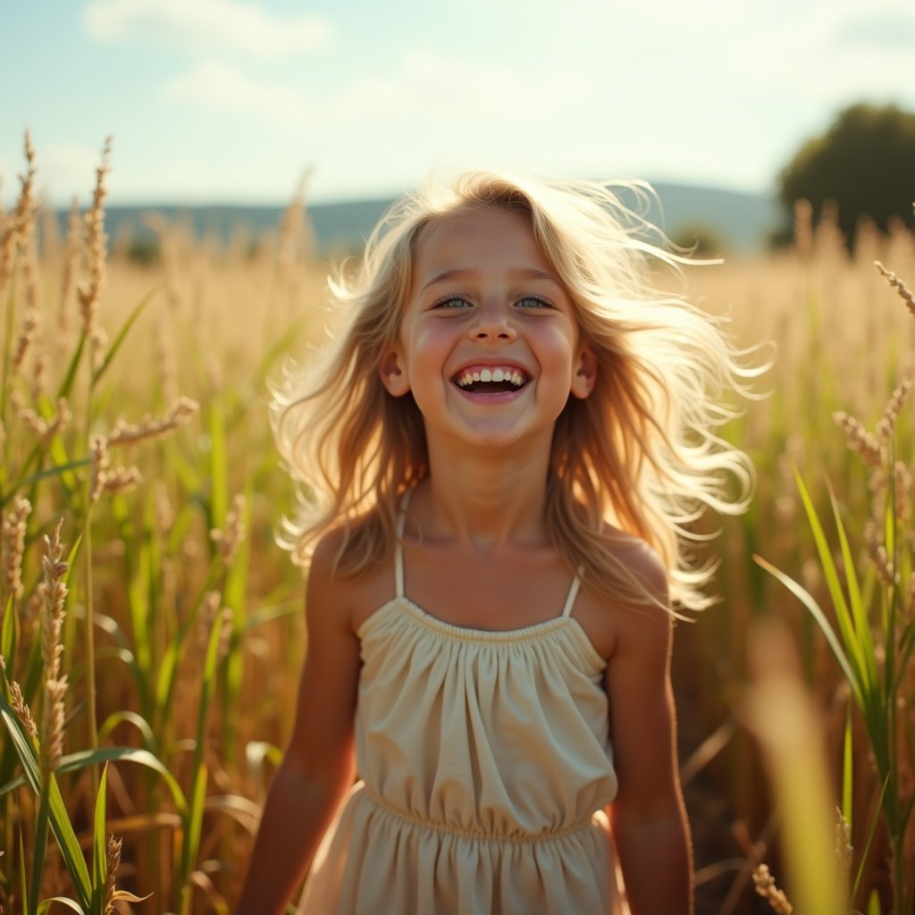 Child standing in a sunlit sugarcane field in Italy. Warm summer afternoon. Laughter and joy in the air. Soft wind in hair. Surrounded by swaying sugarcane and trees. Vibrant colors of nature. Exquisite detail and clarity.