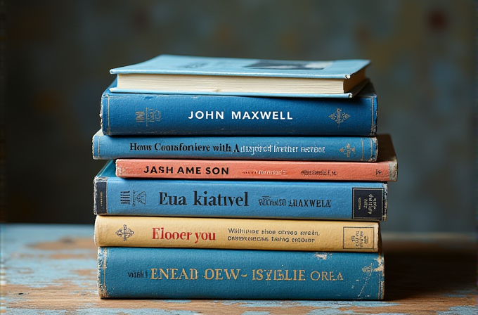 A stack of vintage and weathered hardcover books with various titles. 