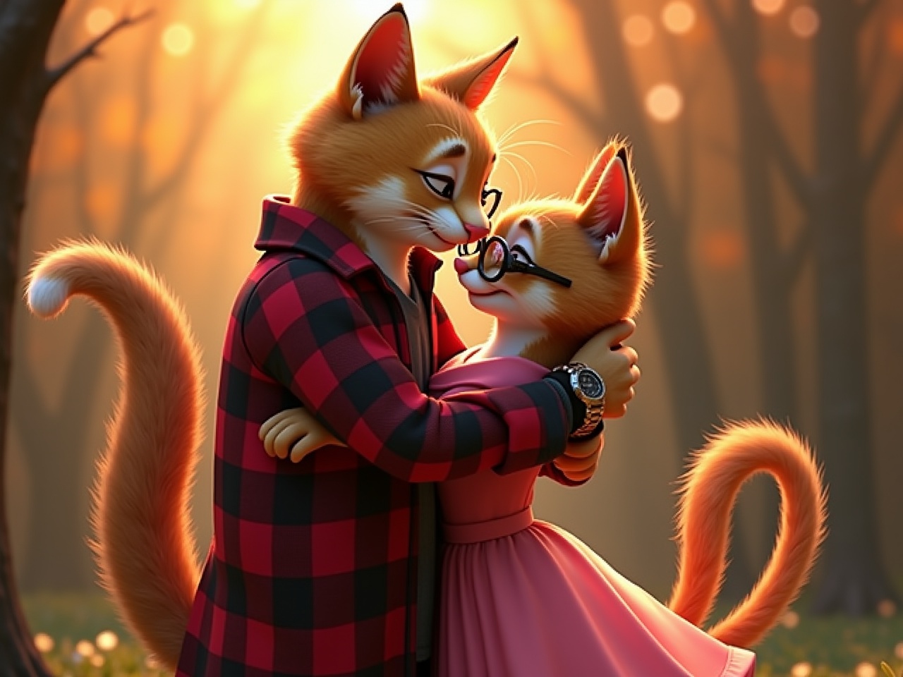 This image depicts a romantic scene between two anthropomorphic cats sharing a tender embrace at their first meeting. The male cat, dressed in a red and black plaid lumberjack shirt, hugs the female cat who wears an elegant pink dress. Their connection is evident, with soft expressions and gentle smiles. The warm golden-hour lighting creates a romantic atmosphere, enhancing their features and details. Their tails are slightly curled, further symbolizing their happiness and affection. The background features a blurred forest setting, adding to the intimacy of the moment.