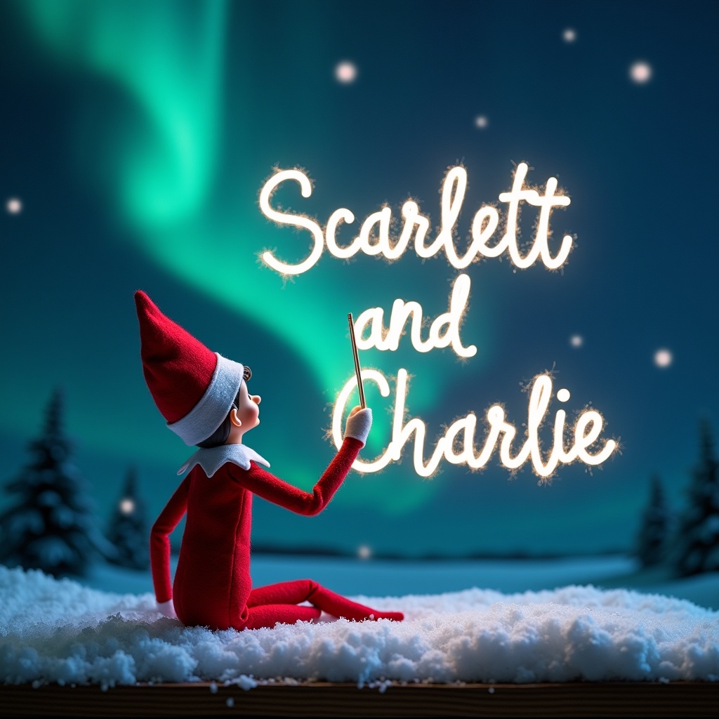 An elf on the shelf with a red outfit is positioned with its back to the viewer. The elf faces a dark sky filled with vibrant northern lights. Holding a magic wand, the elf elegantly writes the names Scarlett and Charlie in sparkling letters. The ground is covered in snow, enhancing the magical scene. The atmosphere conveys wonder and holiday joy, capturing the essence of Christmas.