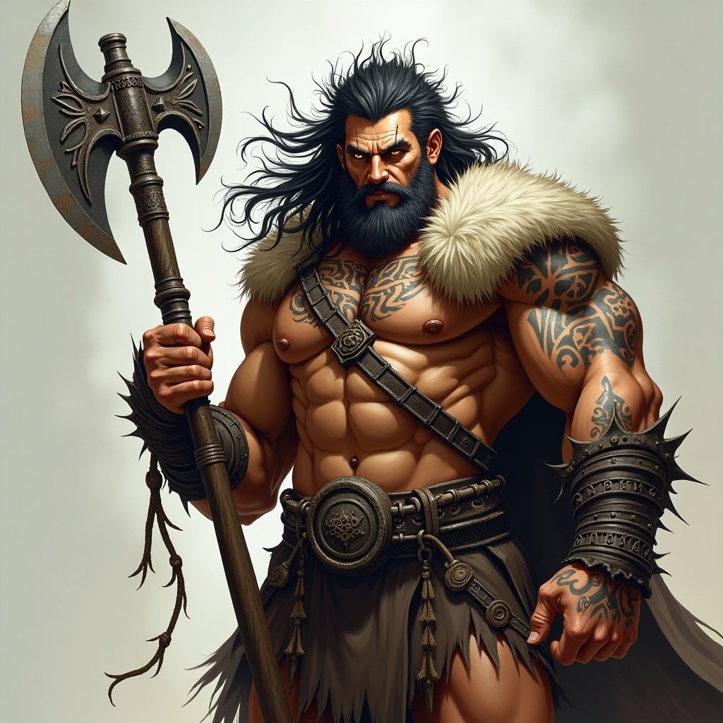 Illustration of a muscular male barbarian character with tattoos holding a large axe. The character has long hair and a beard, wearing a fur cloak and leather armor. Emphasizes strength and a fierce appearance.