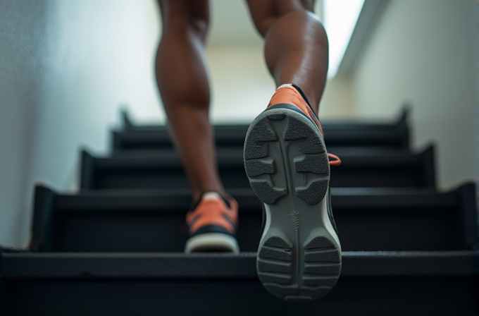 An upward perspective of someone climbing stairs, focusing on the sole of an athletic shoe.