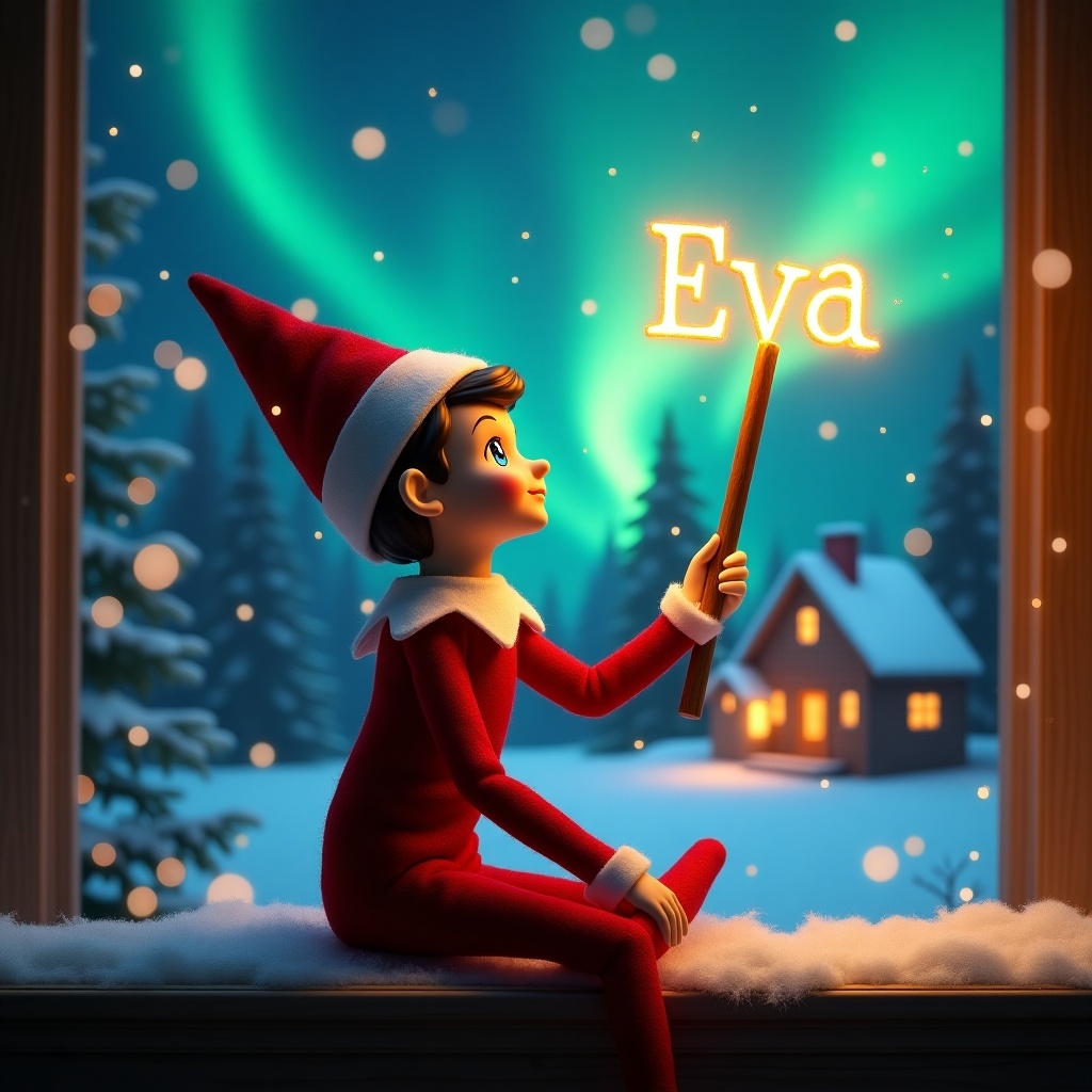 Elf on the shelf gazes skyward. Elf holds a glowing wand. Charming Christmas scene with northern lights. Cozy house in the distance. Snowy ground. Elf represents Christmas magic and wonder. Name 'Eva' appears from the wand.